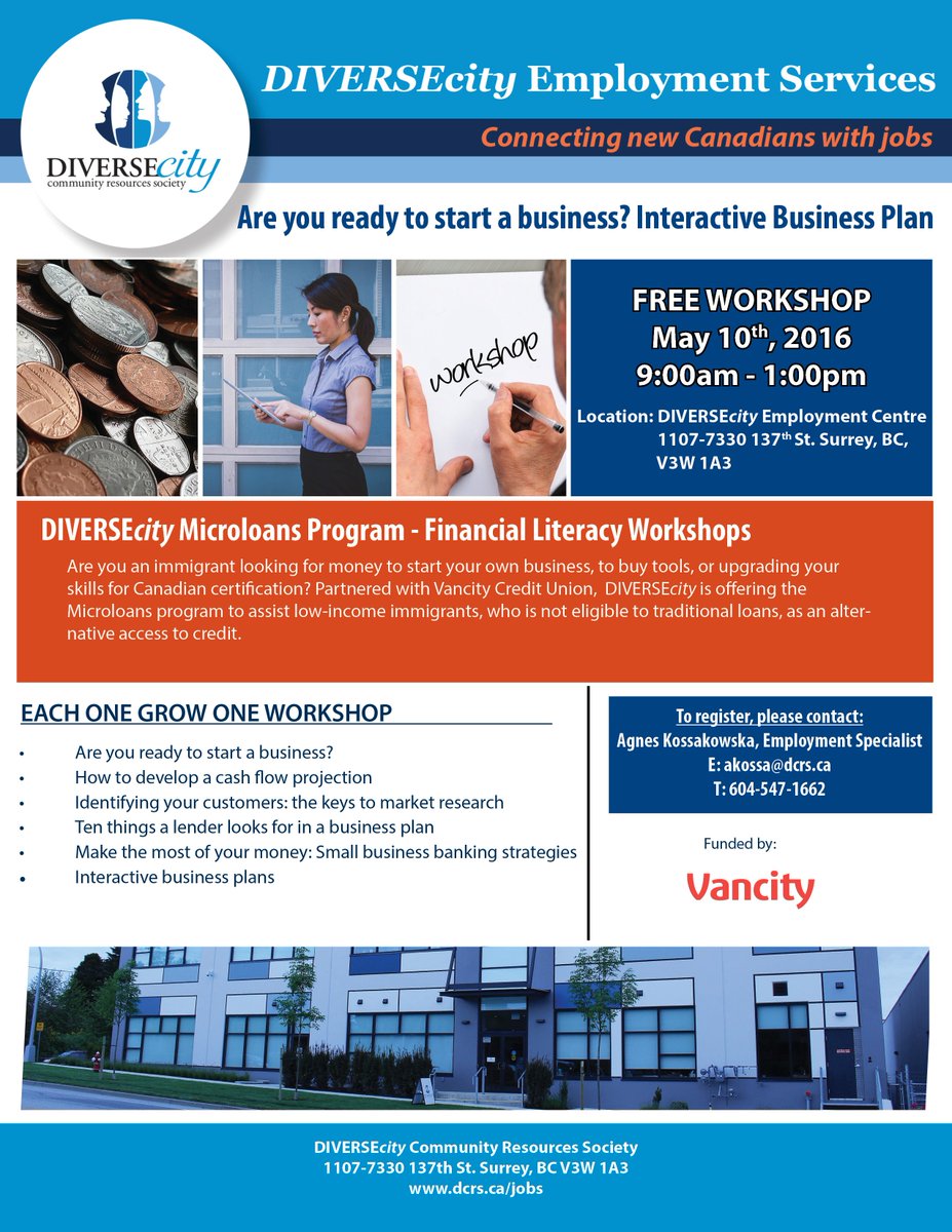 DIVERSEcityBC's tweet photo. Are you ready to start your business? FREE WORKSHOP, May 10th at DIVERSEcity Employment Centre. #EachOneGrowOne https://t.co/Ww981aXwI5