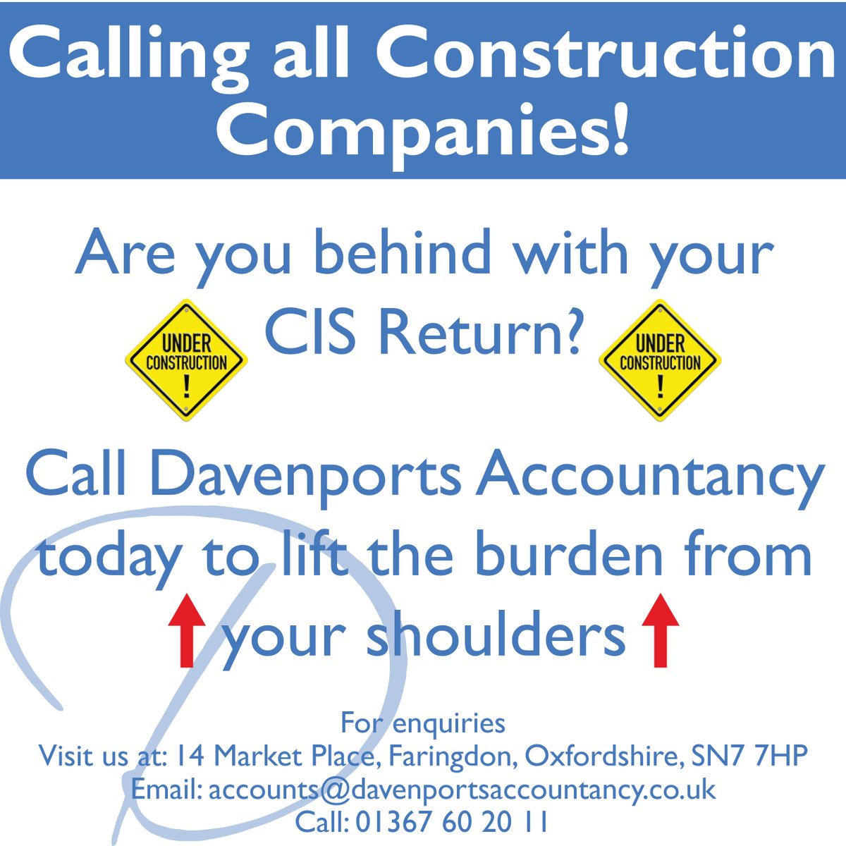 DavAccounts's tweet photo. Calling all #Construction #Companies
Are you behind with your CIS Return? #CISRETURN #TAX
Contact us Today https://t.co/rKu1bnxDem