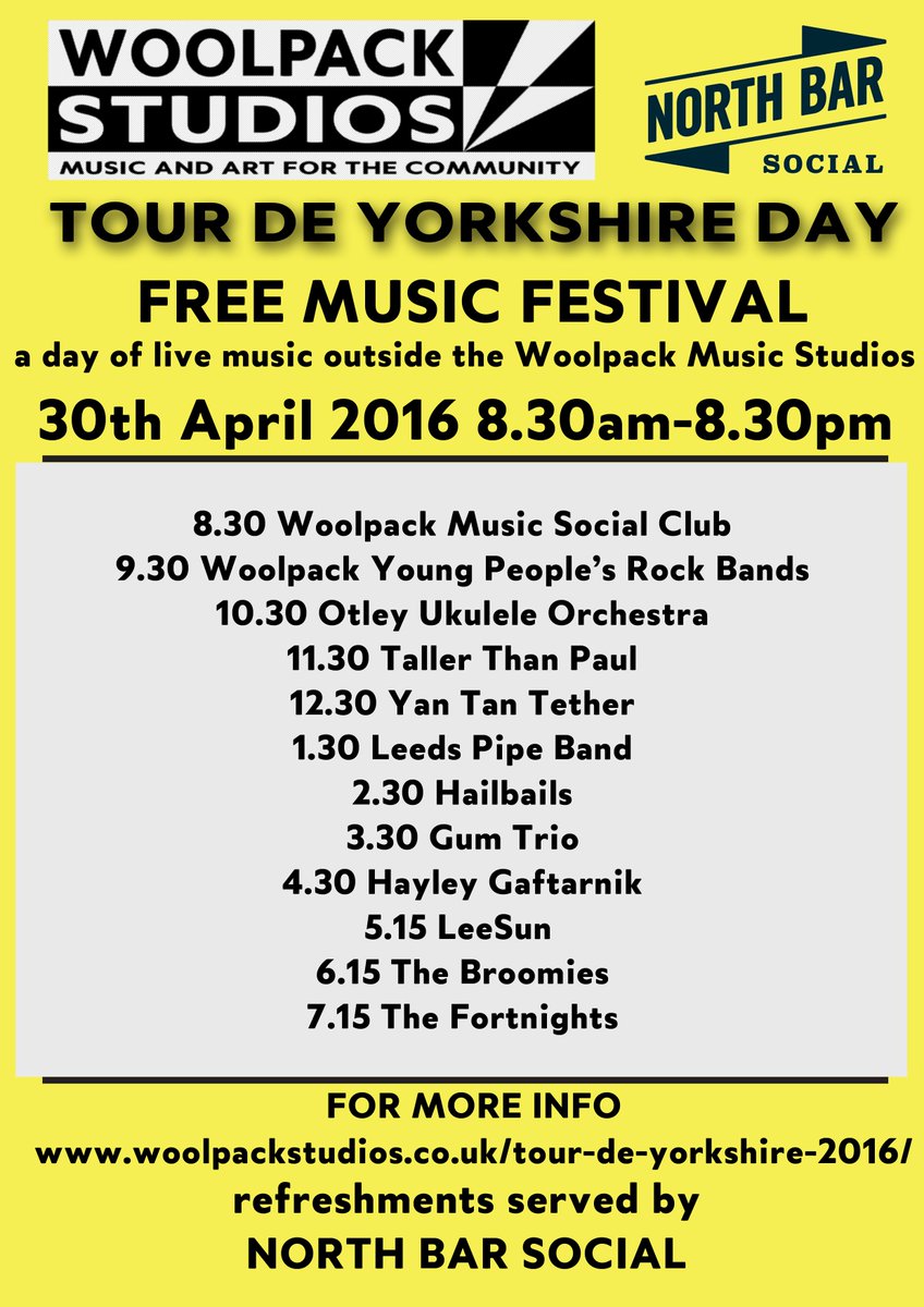 WoolpackStudios's tweet photo. Our Open air music festival for Tour de Yorkshire day! Great line up. #otley @NorthBarSocial @wharfeobserver #tdf https://t.co/SOxlWv4Lal
