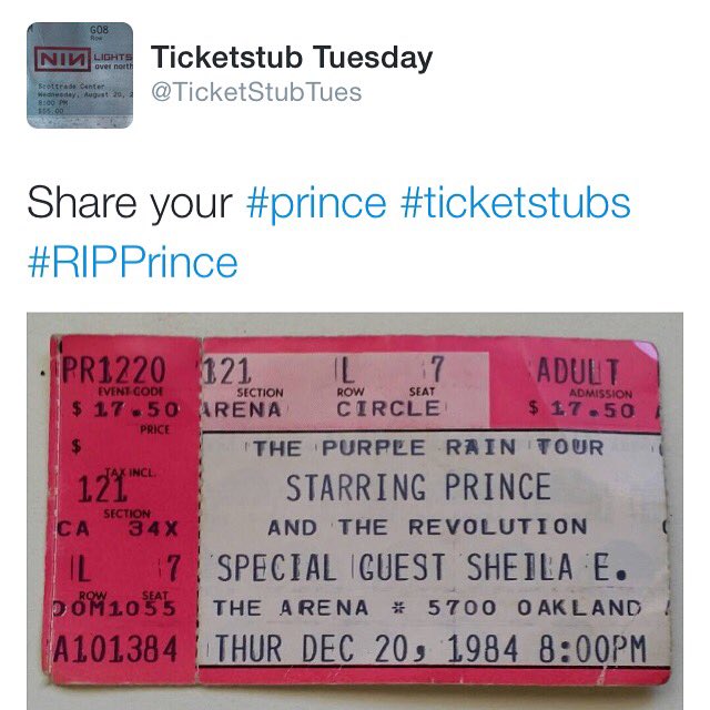 TicketStubTues's tweet photo. #ticketstubtuesday share your #prince #ticketstubs today and tag us @TicketStubTues #RIPPrince #princeconcert # https://t.co/LlO8ByfszY
