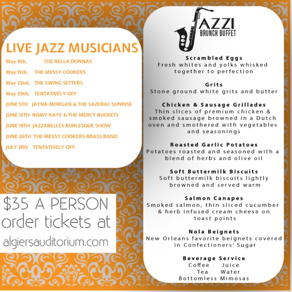 ADDnola's tweet photo. Jazzi Brunch Buffet @AlgrsAuditorium is the perfect Mother’s Day gift! Tickets: https://t.co/2lRgsFuZVF. #ADDnola https://t.co/zJO8hR8PK8