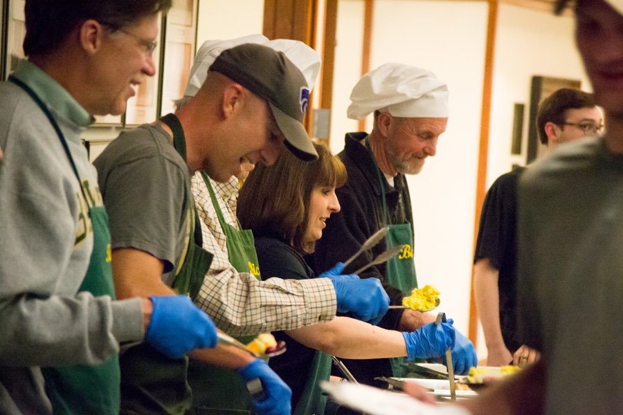 BaylorLawSchool's tweet image. BL profs aproned up Wed night to serve a late-night breakfast to students before finals. #Finals #BaylorLawProfsRock