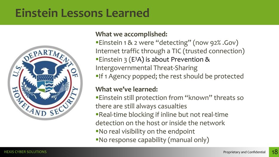 Hexis_Cyber's tweet photo. Summary of lessons learned from EINSTEIN during webinar via @Hexis_Cyber and @immixGroup_Inc https://t.co/RKImGR6rPD