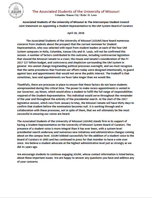 UM_ASUM's tweet photo. .@umsystem students: please read the following joint statement from ASUM and ISC on the Student Rep. to @umcurators https://t.co/65yuQCfHlW