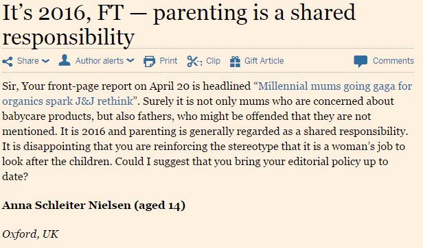 Dear Anna (aged 14), Duly noted. We must be getting old. Yours, The FT (aged 128) on.ft.com/1rfhNW0