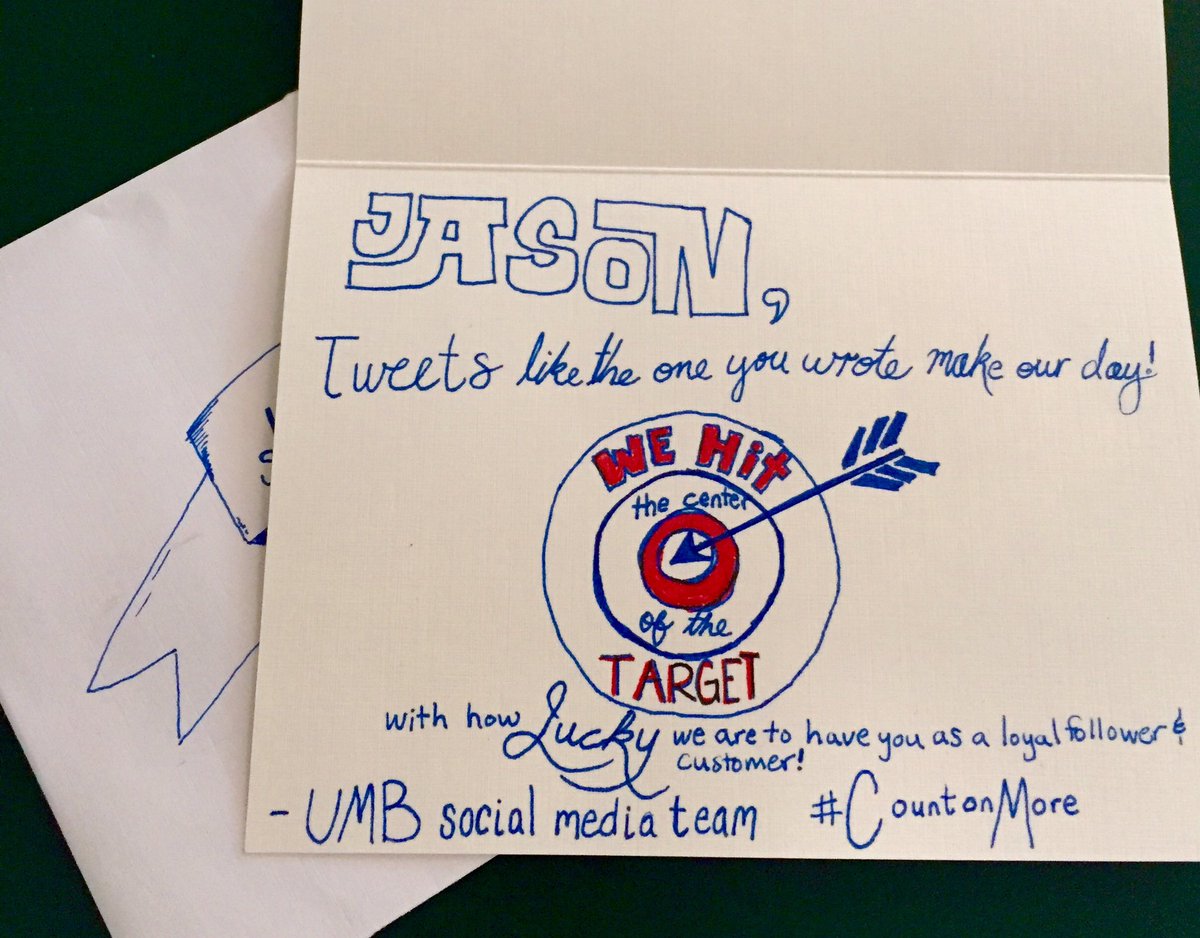 JasonRay28's tweet photo. .@UMBBank brought their creative A-Game w this lovely note! You can truly #CountOnMore from UMB! Thank you! #target https://t.co/QUStopMnBT
