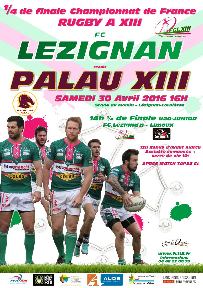 L'affiche 1/4 finale Elite1 Lezignan vs <a href="/PalauXiii/">BroncosPalauxiii</a> samedi 30 avril 16h stade du moulin Lézignan-Corbières #rugbyXIII