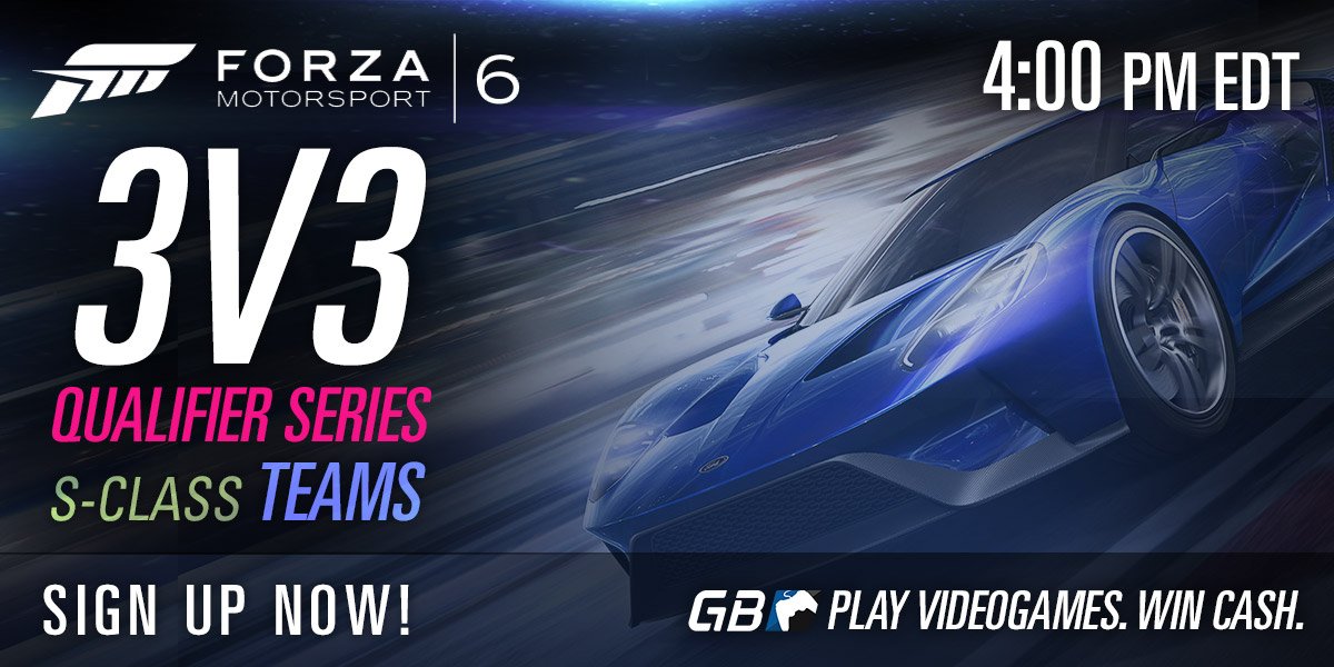 MLG's tweet photo. Today's @ForzaMotorsport @GameBattles 3v3 tournament is at 4:00 PM EDT!

Sign up at → https://t.co/s4YqE8PD6s https://t.co/pYmEFAkL6g