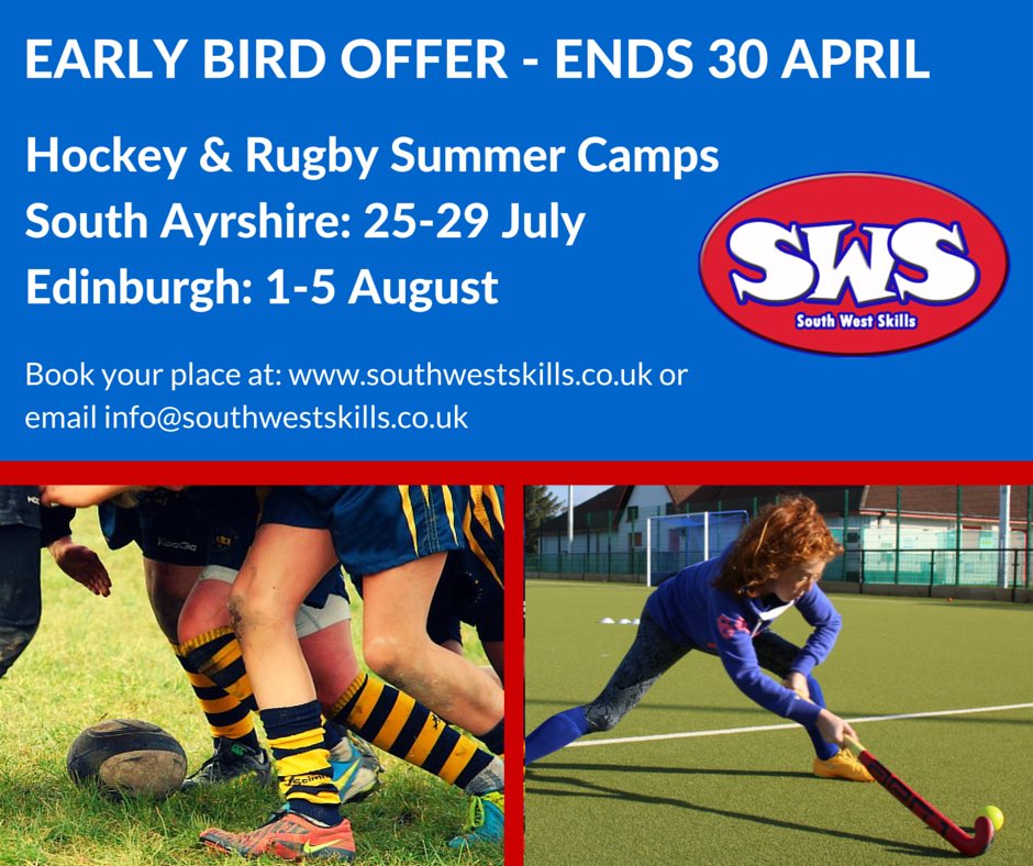 SouthWestSkills's tweet photo. Early Bird offer for our Hockey &amp; Rugby Camps, in South #Ayrshire &amp; #Edinburgh! Book now: https://t.co/gvh5YumRRJ https://t.co/omhex6dDIE