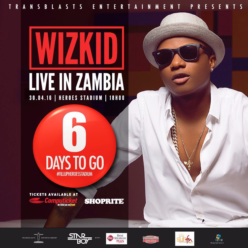 6 days to go. Have you bought your tickt yet? #wizkidliveinzambia  #fillupheroesstadium <a href="/wizkidayo/">Wizkid</a>