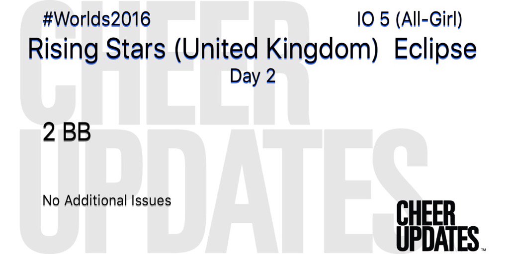 cheerUPDATES's tweet image. Rising Stars (United Kingdom)  Eclipse IAG5:
2 BB

#Worlds2016 🌎