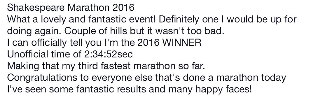 Marathon 248 done 😃 3rd fastest marathon and it's great to say I won the <a href="/Shake_Marathon/">Shakespeare Marathon</a>