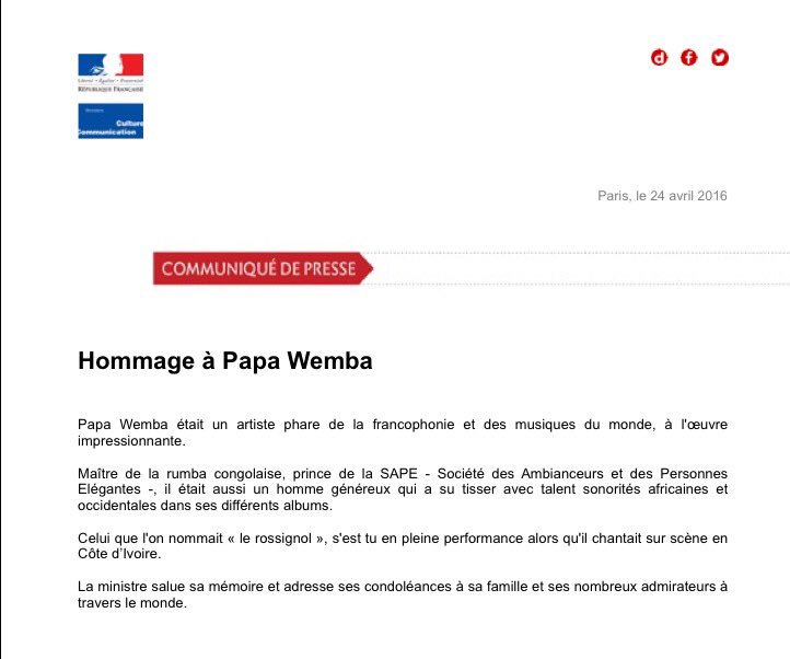 MinistereCC's tweet photo. #PapaWemba  était un artiste phare de la francophonie et des musiques du monde. Retrouvez l'hommage de @AAzoulay https://t.co/cIQ3IVL1AW