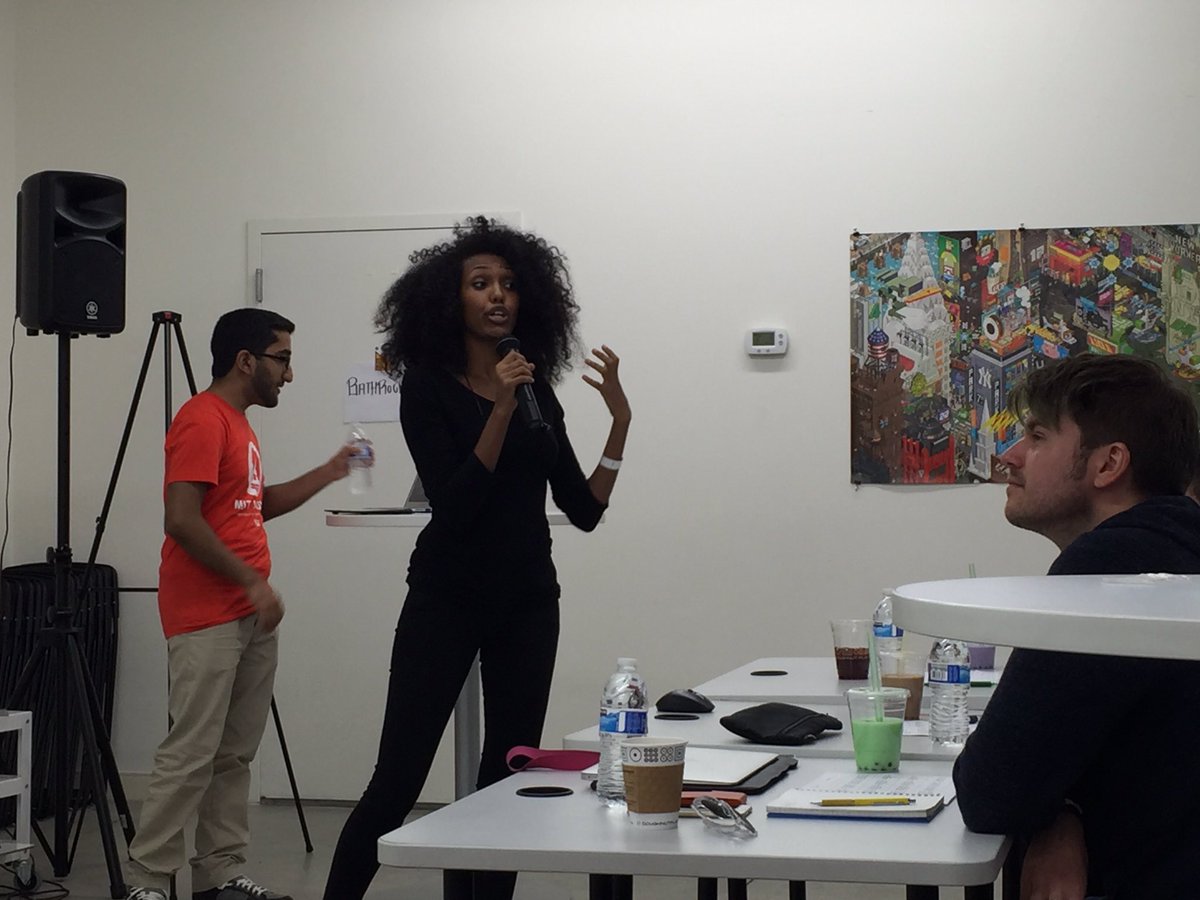 MinervaTantoco's tweet photo. Judging is starting with a chat about Tech Jobs Academy from  @CodeNewbies #queenshack student-run @queenshacknyc https://t.co/oDF37bITP1
