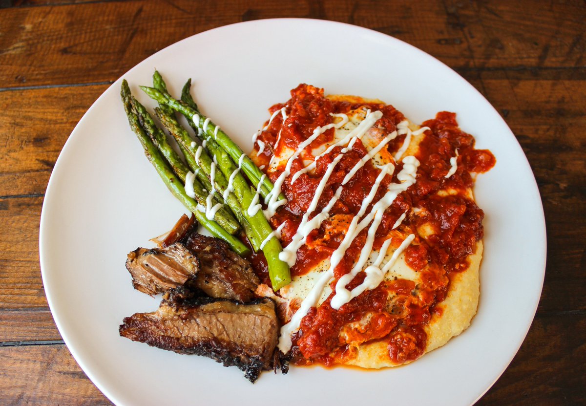 Tomato Braised Eggs : braised beef brisket, polenta, labneh &amp; asparagus #sundaybrunch