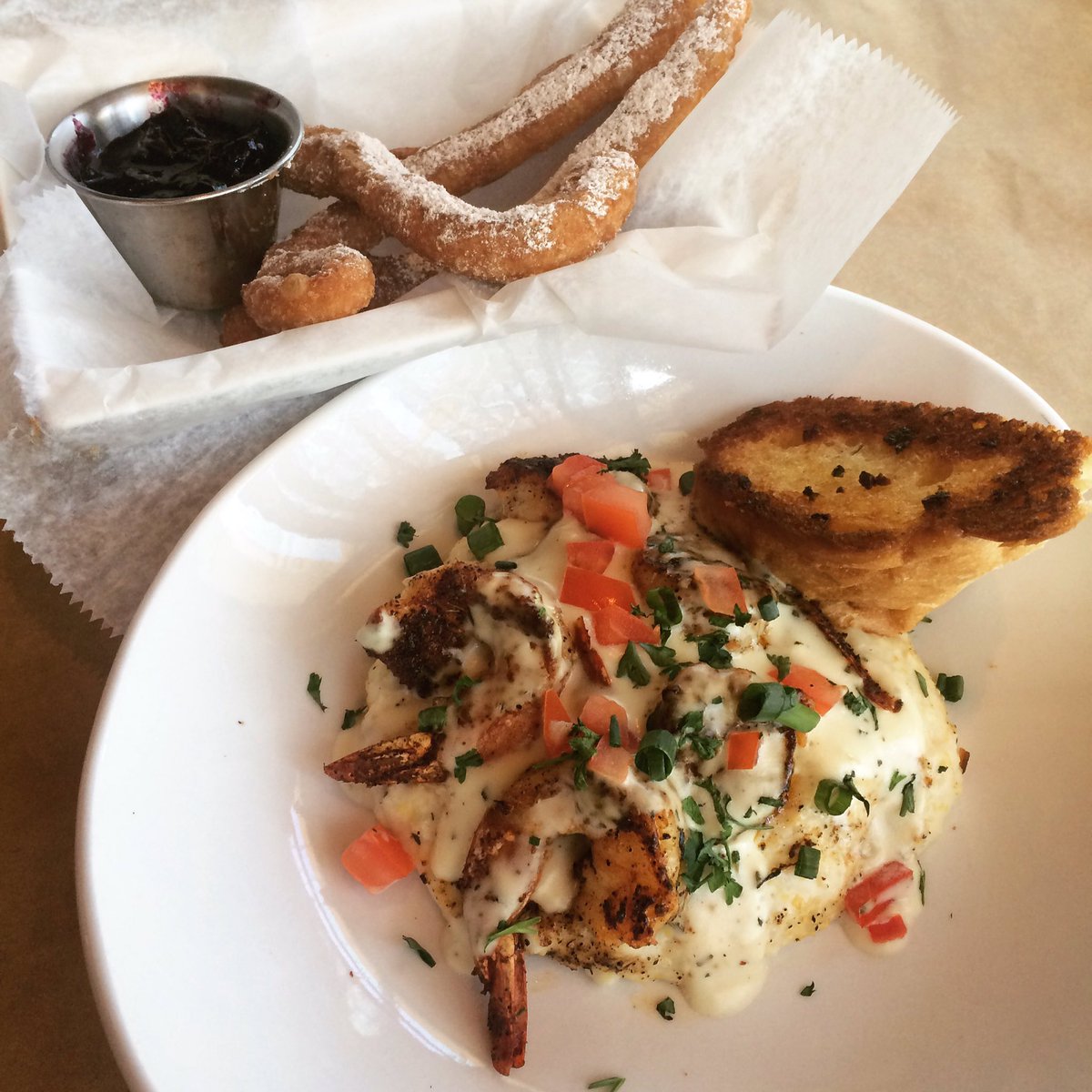 Shrimp &amp; Grits &amp; Five Spice Churros only at Brunch. Only at Chuck's. Come by today we are open until 3:00 #bhameats