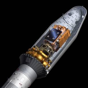Arianespace's tweet photo. How do you fit 5 satellites under #Soyuz' payload fairing... like this! Do you know where each spacecraft is? #VS14 https://t.co/1tFTMHah0P