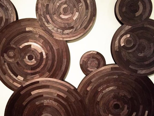 Gladstone_To's tweet photo. Djuna Day repurposes wood cut-offs into hypnotizing compisitions at #GrowOp2016 https://t.co/kGFzH0RyZT https://t.co/JnnBzhmvZ2