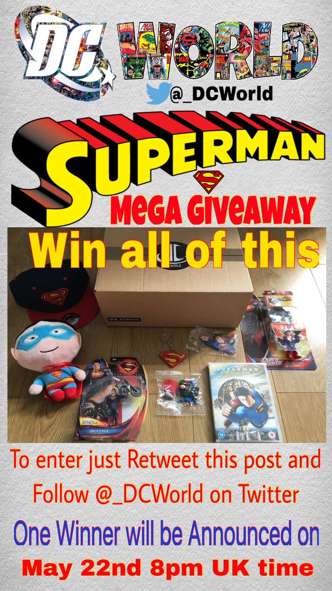 GIVEAWAY ALERT! WIN A MEGA  #SUPERMAN Box of goodies! Just retweet this post &amp; Follow me to enter! #DCWORLD