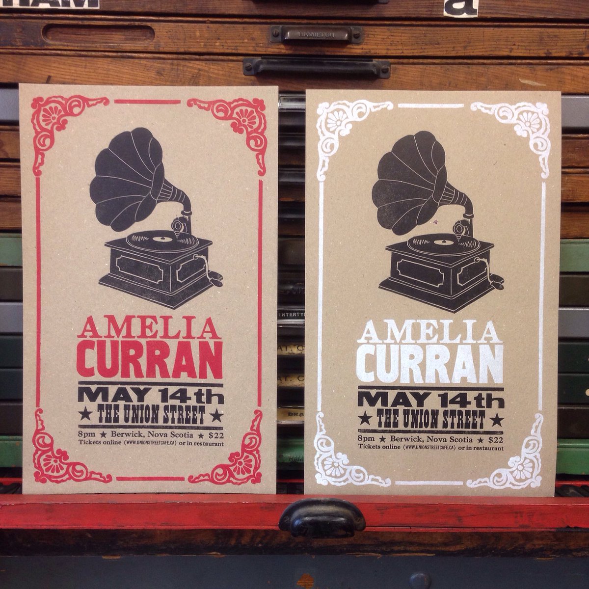 Letterpress posters in 2 colours. <a href="/Amelia_Curran/">Amelia Curran</a> is coming to <a href="/unionstcafe/">THE UNION STREET</a> May 14th! #letterpress