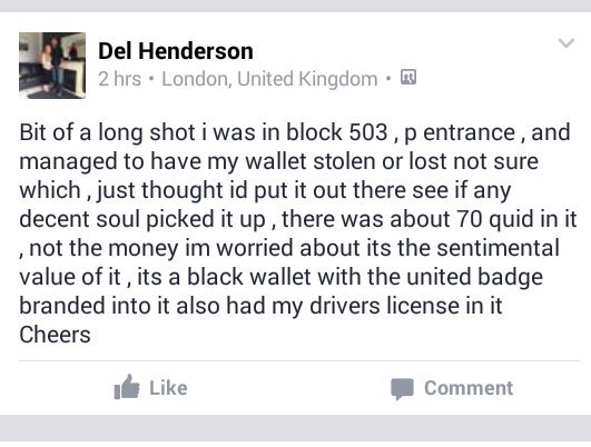 MUFC_Tickets_'s tweet photo. Anyone see or know anything? please RT try help him get his wallet back. https://t.co/TNbq46YLpT