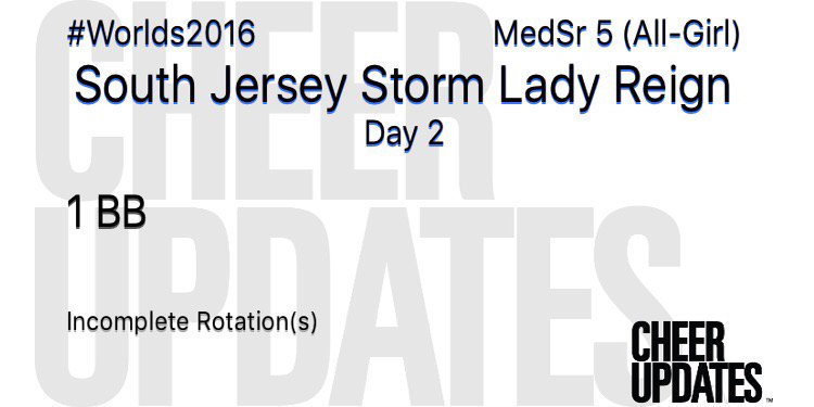 cheerUPDATES's tweet photo. South Jersey Storm Lady Reign MEDSR5:
1 BB

#Worlds2016 🌎 https://t.co/tb6wGkkLn7