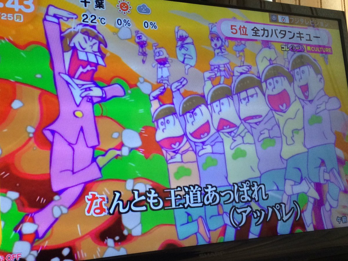 岩のり めざましのアニソンランキング 1位はなまるぴっぴはよいこだけ 2位シュガーソングとビターステップ 3位残酷な天使のテーゼ 4位君の知らない物語 5位全力バタンキュー おそ松さんが二つもランクインしてて嬉しいね めざましテレビ