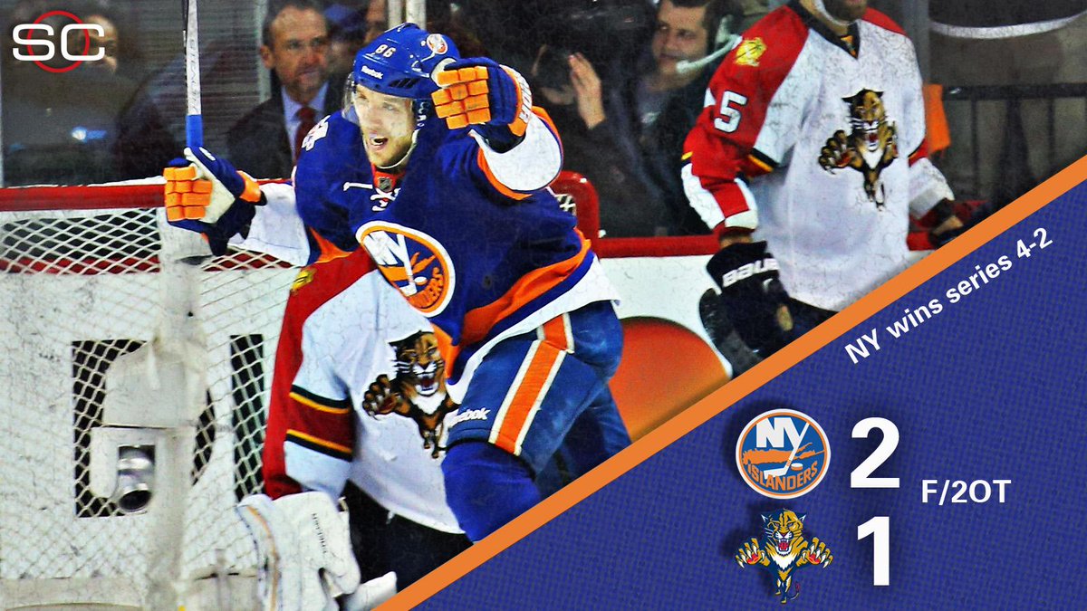 SportsCenter's tweet photo. Islanders advance! New York wins a playoff series for the 1st time since 1993 defeating Panthers, 2-1, in 2OT. https://t.co/K0KZSChnz1