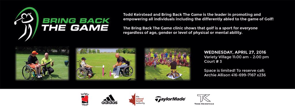 <a href="/BringBTG/">Bring Back the Game</a> clinic 4 individuals who are differently abled. Wed April 27 @VarietyVillage. @adidasgolfca <a href="/TaylorMadeCA/">TaylorMade Canada</a>