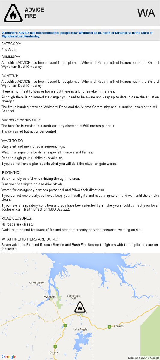 WA [ADVICE] FIRE WARNING - Kununurra 25/04 9:42am AWST #DFES dfes.wa.gov.au/alerts/Pages/A…