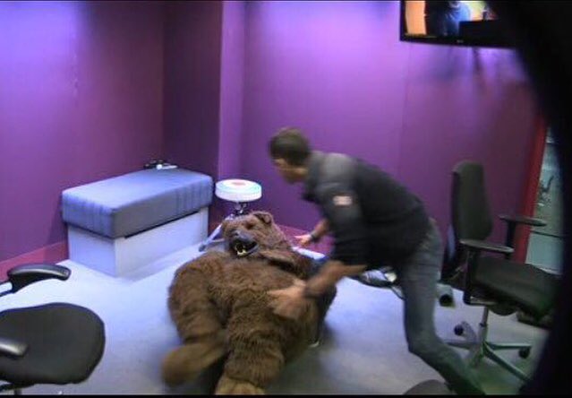 scott_mills's tweet photo. When @beargrylls gets attacked by a bear in the @BBCR1 studio (actually Chris in a costume) https://t.co/HY5KLcUajd