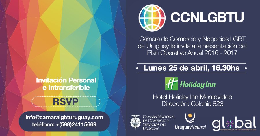 CamaraLGBTuy's tweet photo. Es HOY!! L@s esperamos! #CCNLGBTU #HolydayInn #LGBT #LGBTBiz #Equality https://t.co/N7zanJaPsx