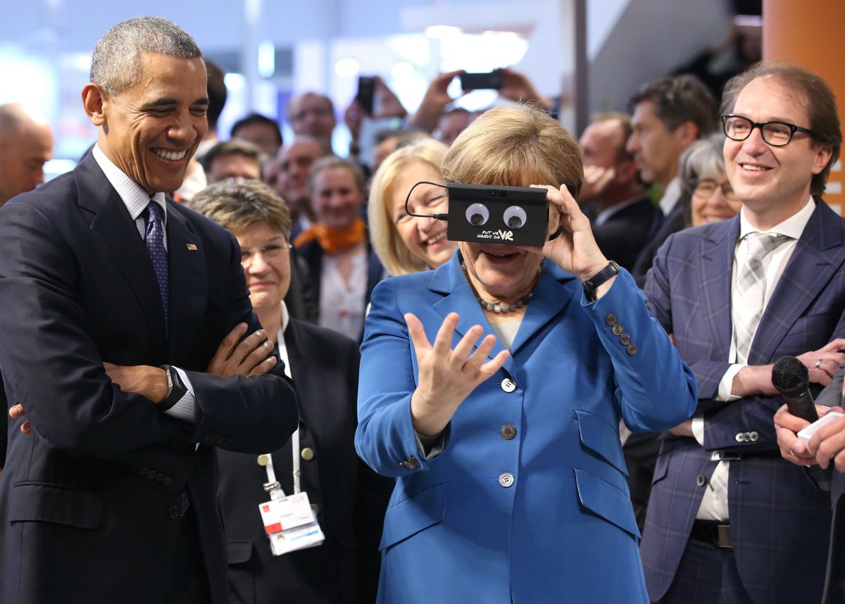 TheLocalGermany's tweet photo. This is probably the first and last time you'll see Chancellor Angela #Merkel with googly eyes. #ObamainHannover https://t.co/GKjOnqgzxL