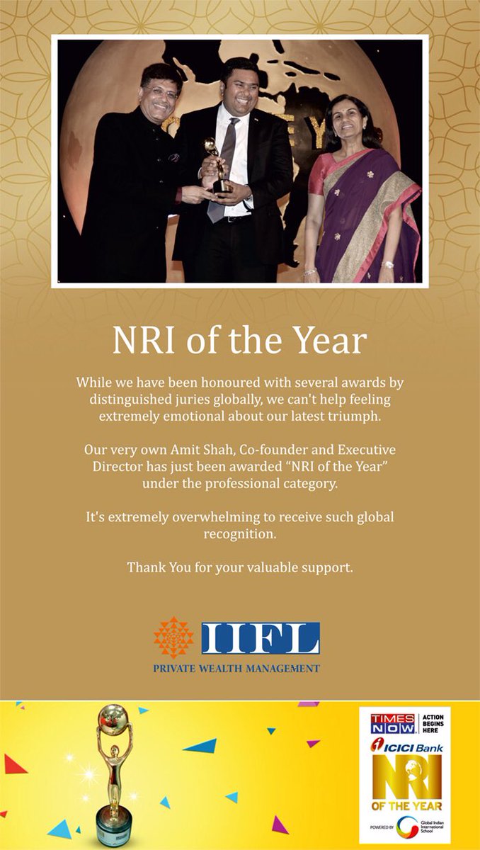360ONEWealth's tweet photo. Amit Shah receives 'NRI of the year' Award 2016, for APAC region. Kudos Amit! @IIFLWEALTH #onemoreaward https://t.co/SER8KVN5CB