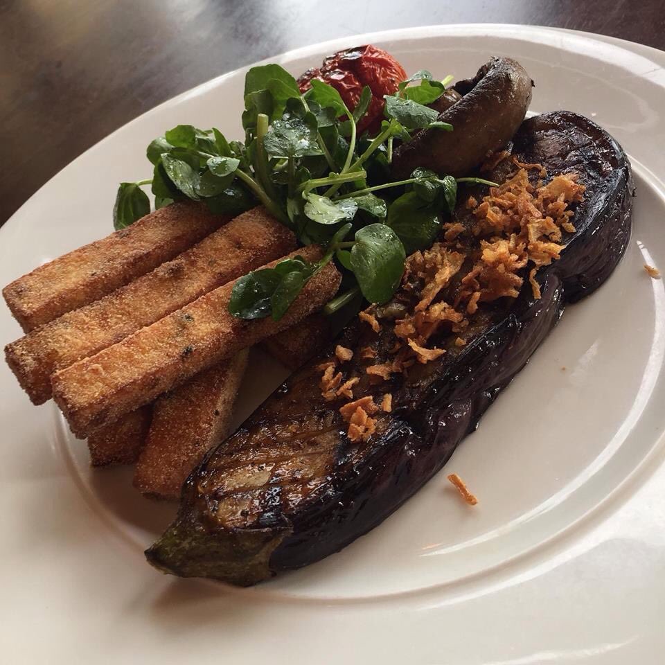 Why not try our #vegetarian sweet and sour aubergine 'steak' with polenta chips for a #meatfreemonday