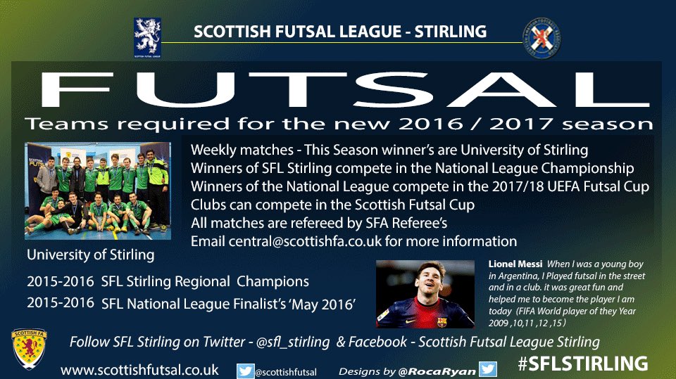 Interested in Futsal

Regional leagues are on the lookout for new teams for 2016/17 season
<a href="/ScotAmFA/">Scottish Amateur FA</a> 
<a href="/sfl_stirling/">SFL Stirlingshire</a>