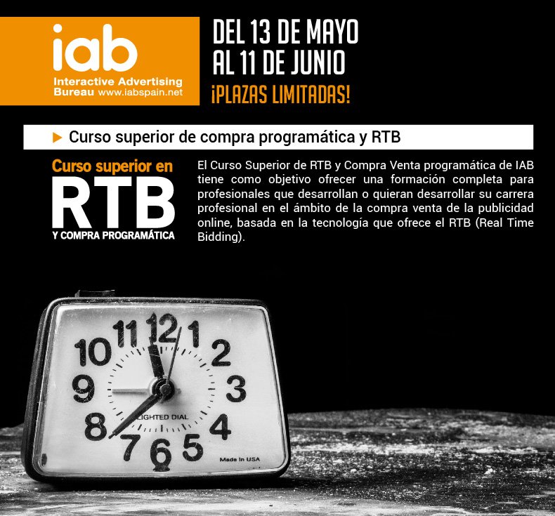 IAB_Spain's tweet photo. ¡Últimas plazas para el #CursoRTB! Comienza el próximo 13 de mayo. Más info ► https://t.co/58YXJiWnbN https://t.co/iWDPaEKDfr