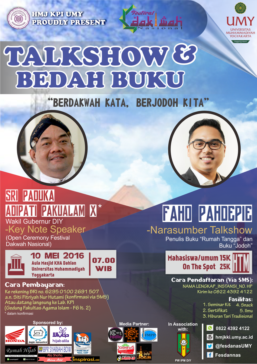 Proudly Present <a href="/hmjkpiumy/">HMJ KPI (KKI) UMY</a> "Talkshow dan bedah buku" dalam acara Festival Dakwah Nasional

#fesdanas2016