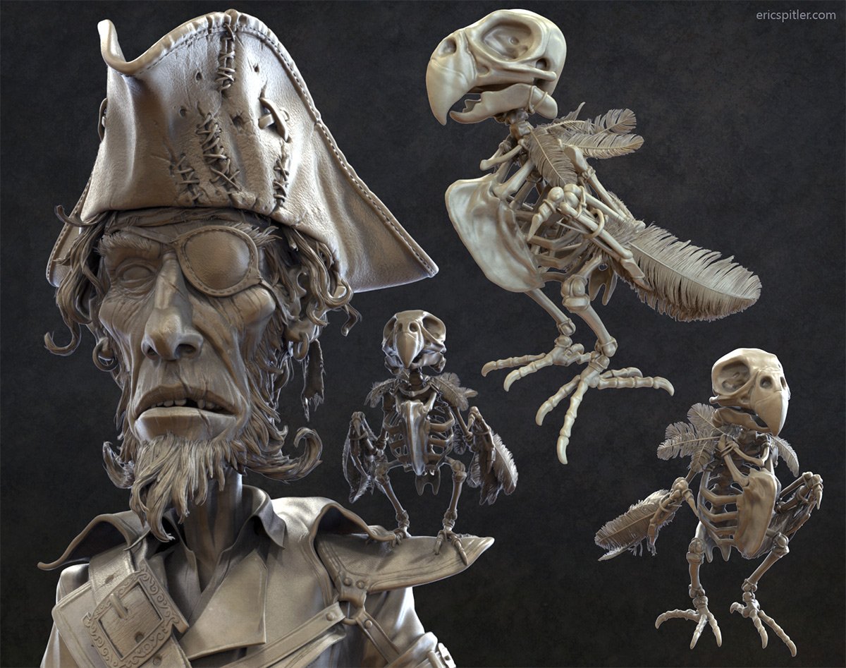 ericspitlerart's tweet image. working on #pirate hat and #parrot in #zbrush. thanks for the feather tutorial @pablander