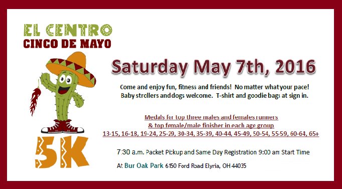 LorainElCentro's tweet photo. Cinco de Mayo 5K is fast approaching! Join us at Bur Oak Park on May 7th. Packet pickup 7:30 am. Race time 9:00am https://t.co/9bPblT0LFK