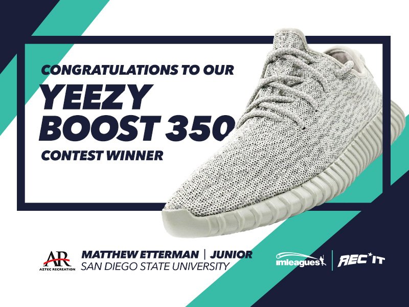 CONGRATULATIONS to Matthew Etterman of <a href="/AztecRecreation/">Aztec Recreation</a> for winning the Yeezy Boost 350 contest! #recit #imleages