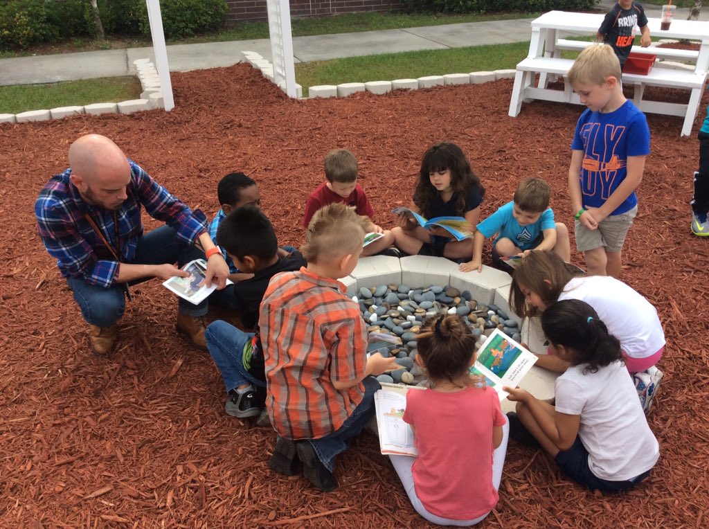 Mr. Spears' kindergarten class conducting the debut lesson in the brand new outdoor classroom. #CGEeagles
