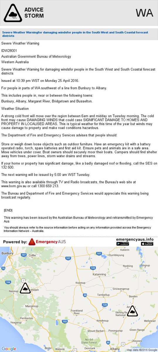 WA [ADVICE] STORM WARNING - South West,south Coastal 25/04 10:39pm AWST #BOM bom.gov.au/wa/warnings/se…