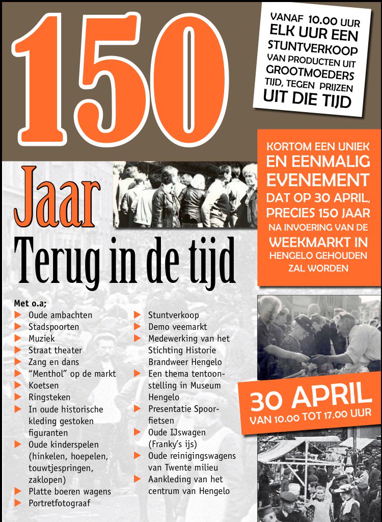 Zet zaterdag 30 april in je agenda. Want dan bestaat de Markt Hengelo 150 jaar en is er van alles te doen!