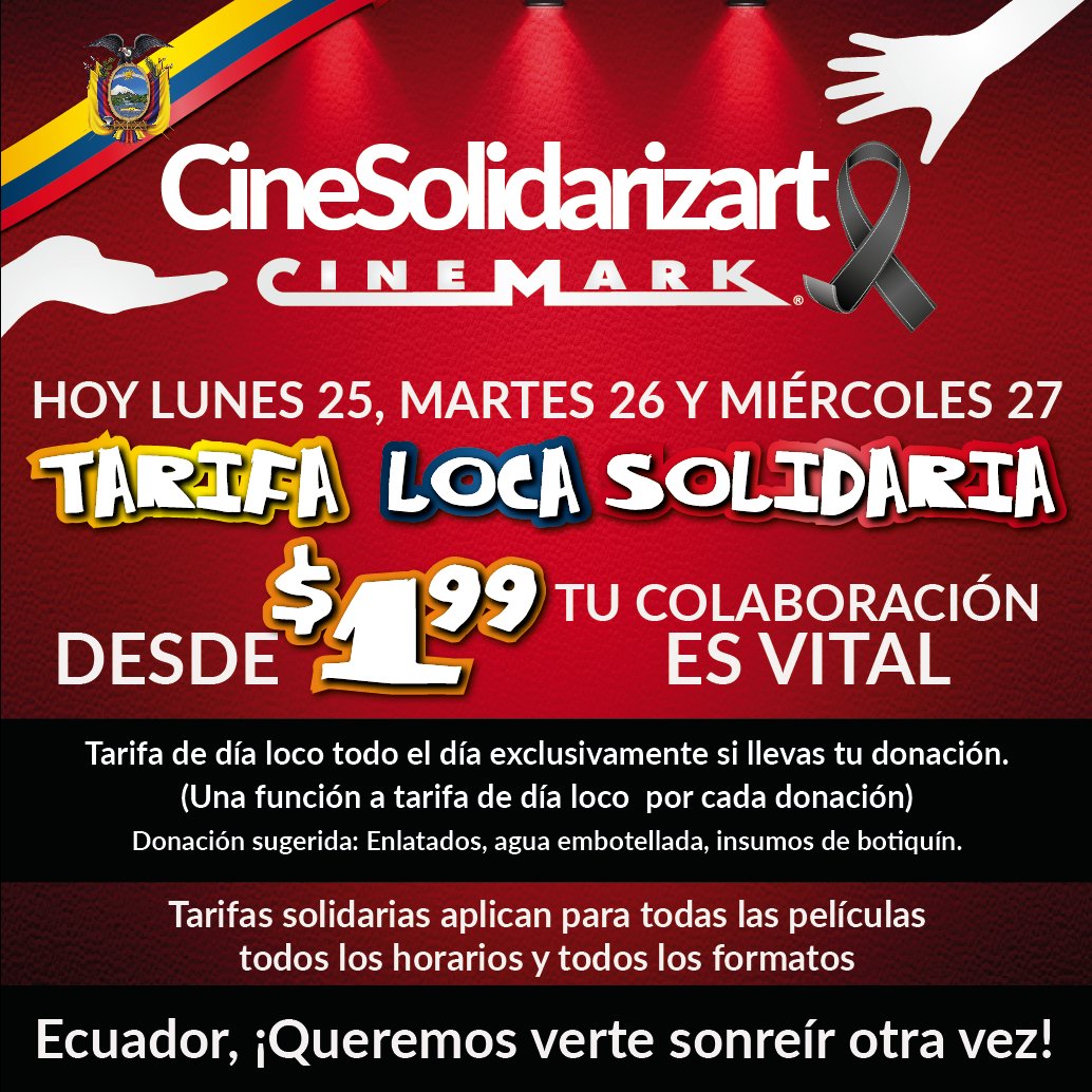 CinemarkEC's tweet photo. Hoy Tarifa Solidaria desde Usd. 1,99 @CinemarkEC a nivel nacional, obtén la tarifa de #DíaLoco llevando tu donación https://t.co/sGMZcrdXDl