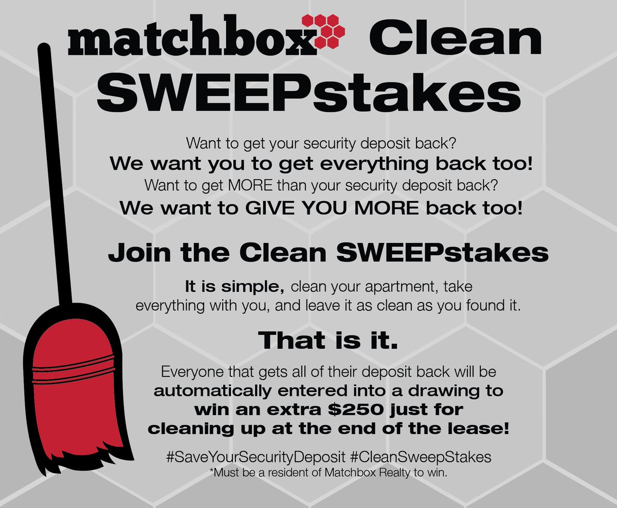 MatchboxRealty's tweet photo. Moving out? Get your security deposit back & MORE! #CleanSweepstakes #SaveYourSecurityDeposit https://t.co/nhMjXoZcWx