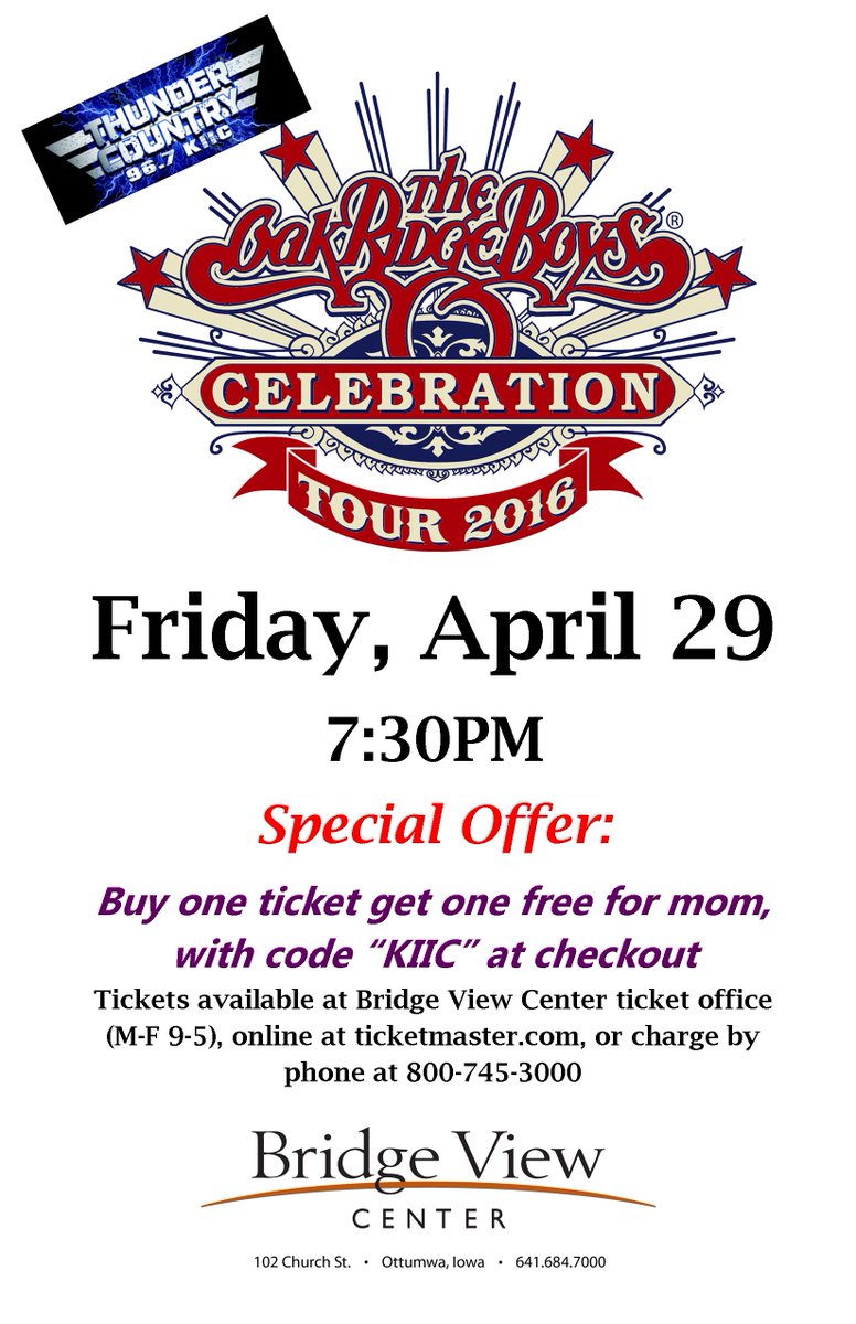 The Oak Ridge Boys are coming to town this Friday night still tickets available buy 1 get one 1 free. #oaks