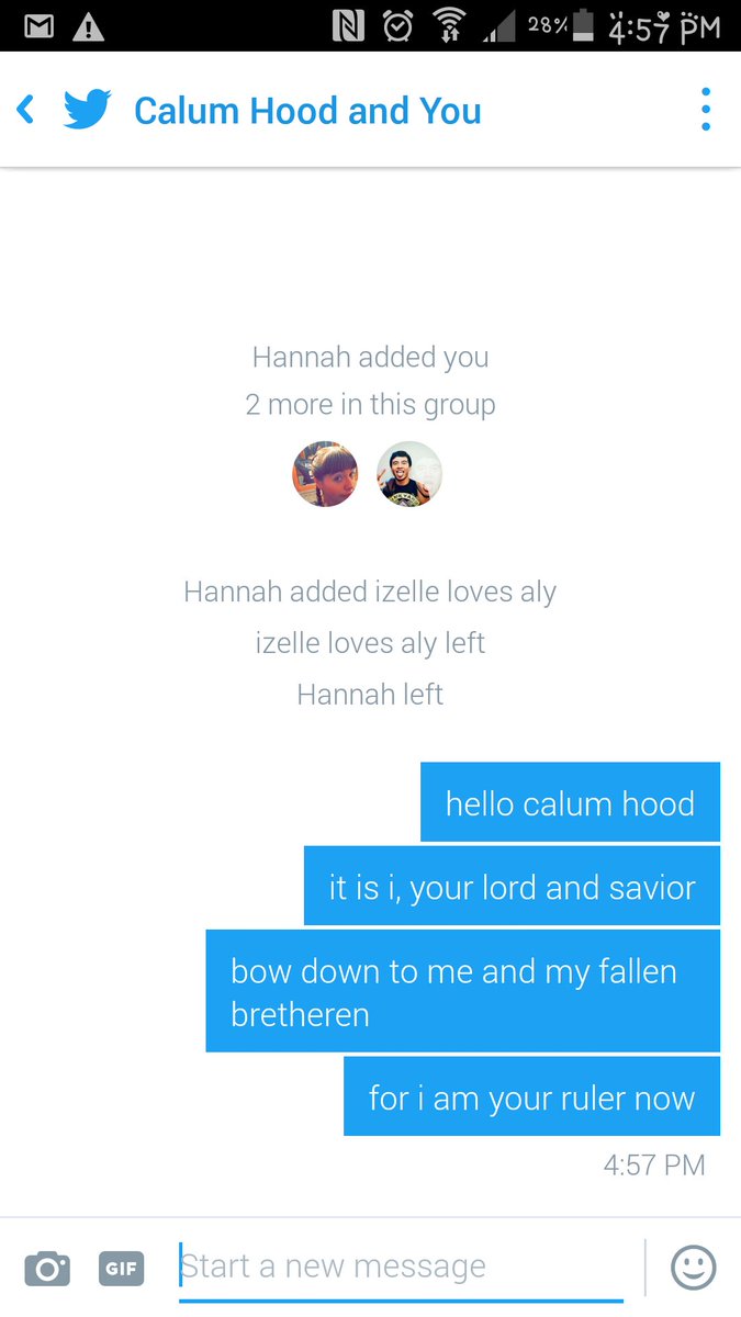 @Volleygirl103 added me into a group twitter chat with us and @Calum5SOS but she left so i decided to message him. 😂