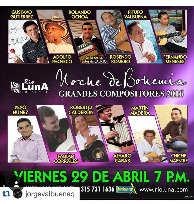 JORGEVALBUENAC's tweet photo. Noche de bohemia con los mejores compositores vallenatos. Este 29 de abril en Río Luna. Te esperamos. https://t.co/MzHzC7Ihan