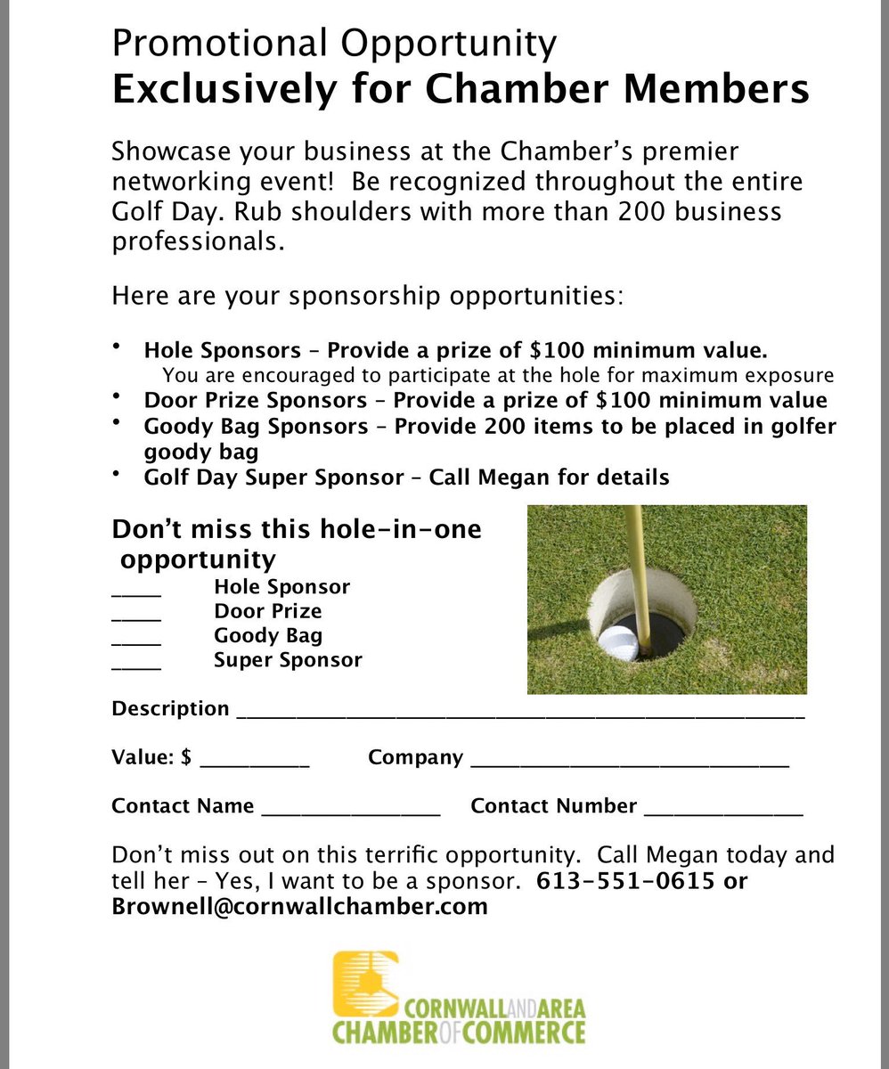 A fantastic way to #promote your #business, the #Chamber #Golf #Tournament, email brownell@cornwallchamber.com now!
